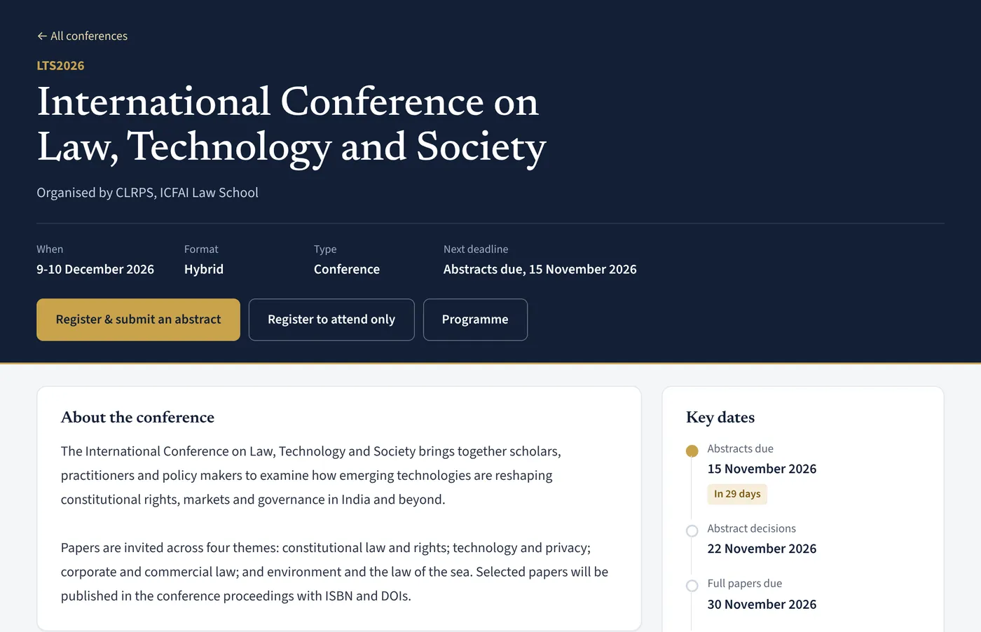 Your conference page: A public page with key dates, the call for papers and one-click registration.