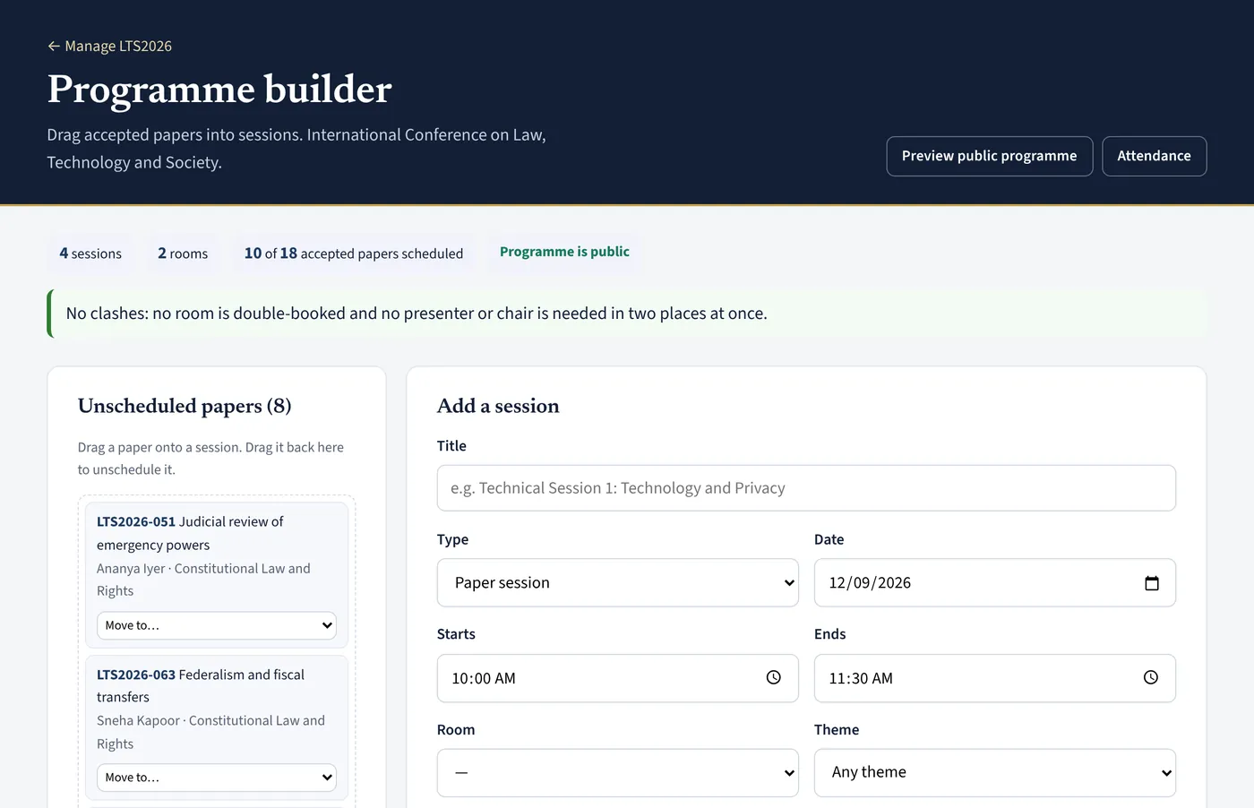 Programme builder: Drag papers into sessions. Clashes are flagged as you go.