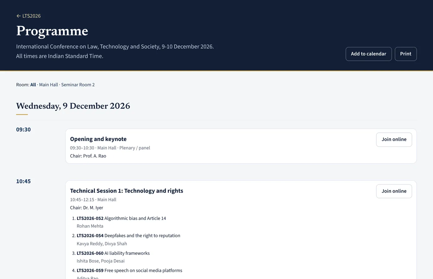 The published programme: Sessions by room and time, with join links for online delegates.